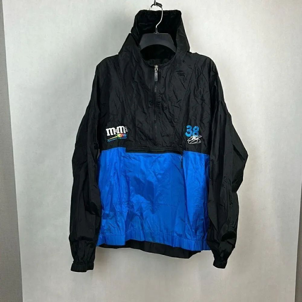 Vtg Elliott Sadler NASCAR Windbreaker Pullover w/Hood Sz XXL m&m's 38 Blue Black